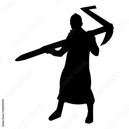 Silhouette vector illustration of a farmer carrying a plow on his shoulders