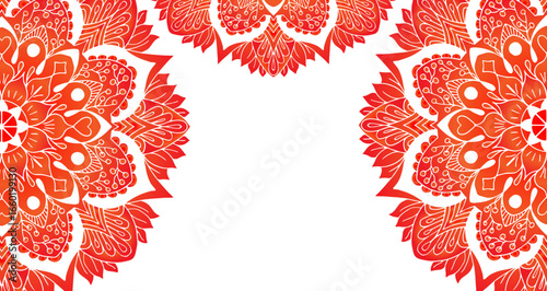 Intricate red and orange mandala border design on white background
