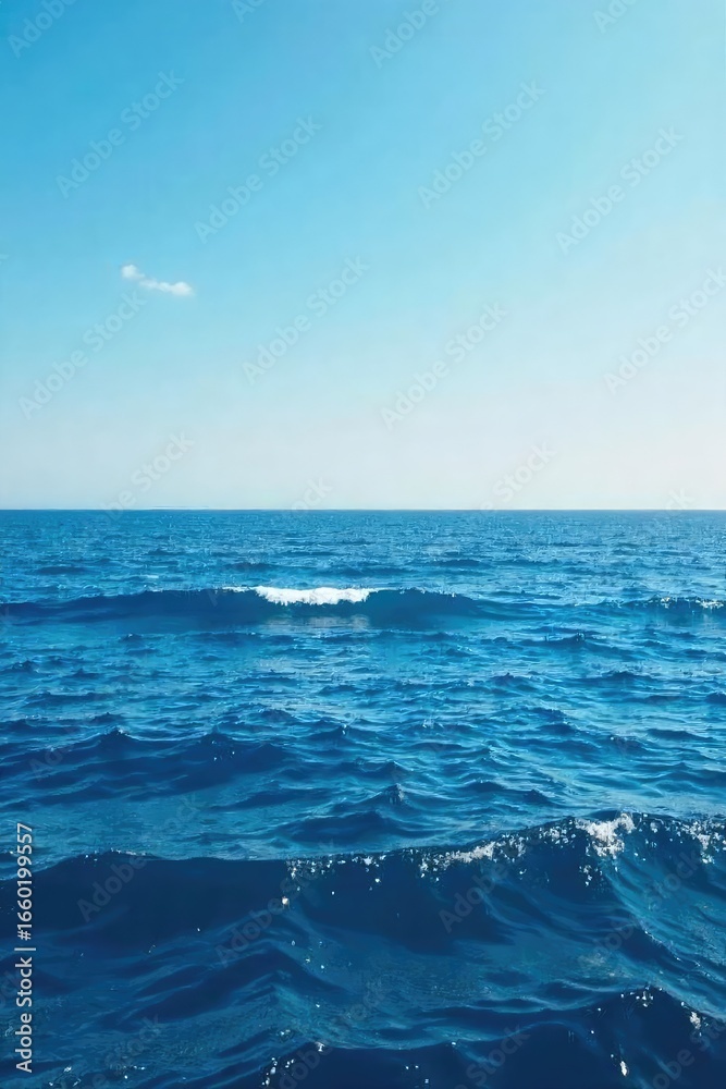Fototapeta premium Vast expanse of deep blue ocean water meeting the horizon, waves gently rolling under a clear sky Perfect for travel, nature, and environmental themes , coastal, marine, beach