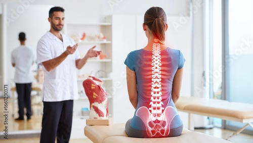 Physiotherapist explaining spinal anatomy to patient with digitally illustrated spine and pelvis in medical clinic.