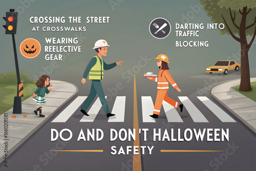 Halloween Safety Illustration Featuring Crossing and Traffic Tips