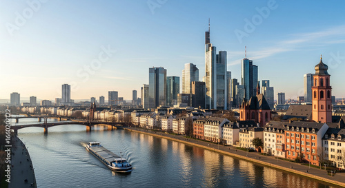 The Frankfurt skyline with a cargo boat on the river on a clear day.