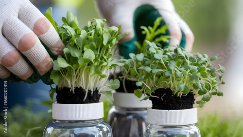 A close-up shot of hands planting microgreens like kale and arugula in DIY recycled containers, such