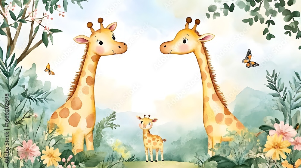 Naklejka premium Watercolor giraffe frame border.