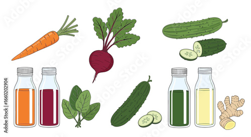 Illustration of Healthy Vegetable Juices with Ingredients