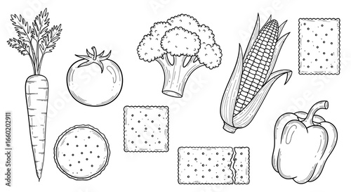 Hand Drawn Set of Vegetables and Crackers Outline Illustration