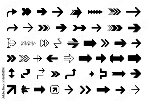 Collection of various black arrow icons on a white background