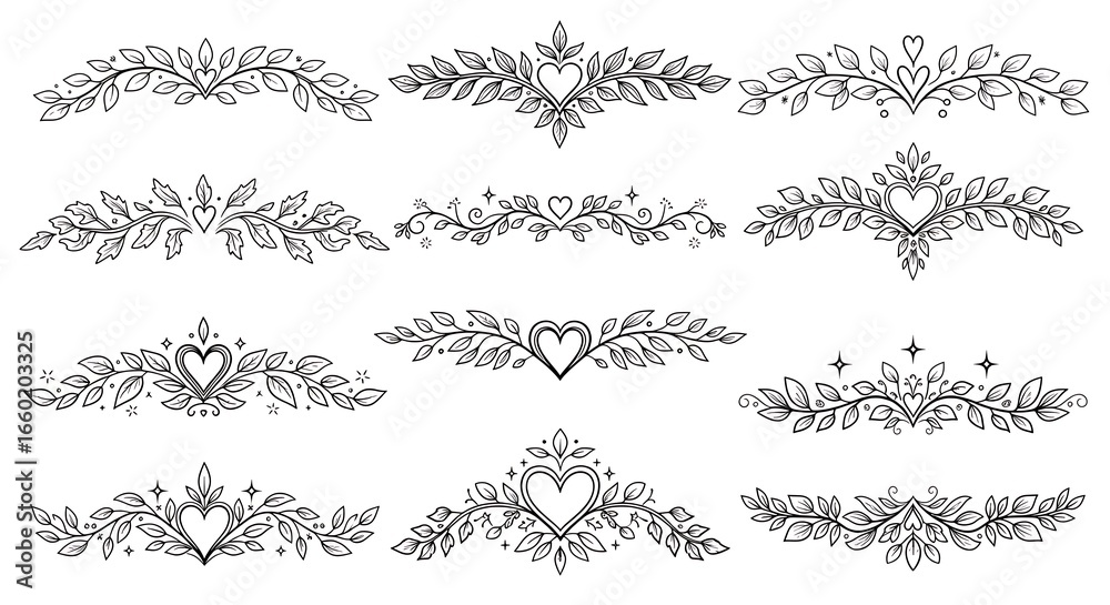 Obraz premium Collection of Hand-Drawn Decorative Floral Dividers with Hearts.