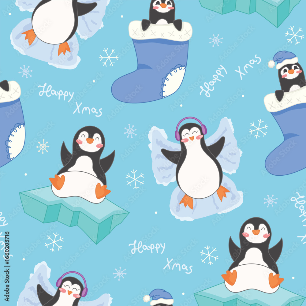 Fototapeta premium Seamless Winter Pattern with Cute Penguins – Playing in Snow, Christmas Sock, Ice Floe, Snow Angels on Blue Background