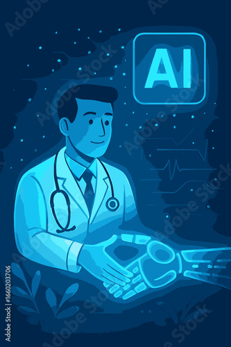 A compassionate doctor collaborates with advanced artificial intelligence, symbolizing the future of healthcare and digital medical advancements.