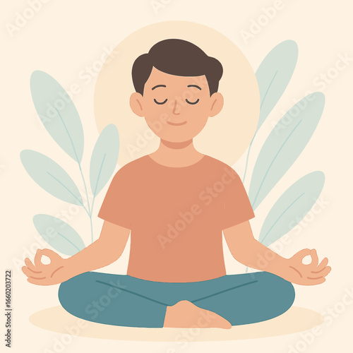 A serene young man finds inner peace through mindful meditation, practicing yoga and relaxation for mental well-being and stress relief.