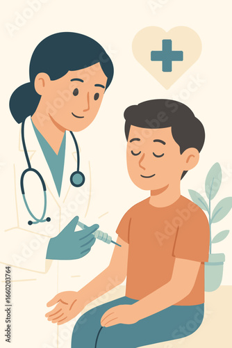 A caring female doctor administers a preventive vaccine injection to a calm young boy, promoting health and well-being in a medical setting.