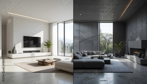 Contrasting Minimalist Living Spaces in Natural Daylight