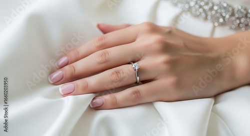 Wallpaper Mural Close-up of a Womans Hand with Engagement Ring on White Fabric. Torontodigital.ca