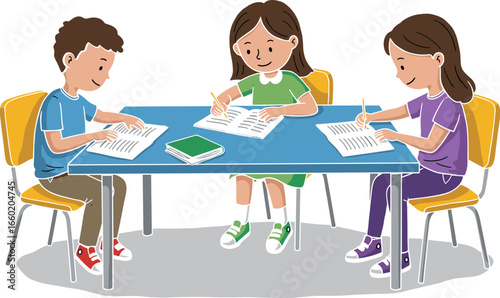 Children studying at school table, kids doing homework, group learning, education, classroom activity, students writing, back to school concept