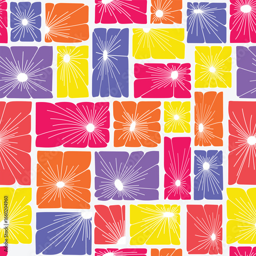 Colorful Bright Bold Geometric Flowers of Orange Purple Pink and Yellow on a White Background creating a seamless pattern print