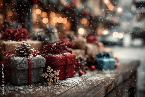 Christmas gifts on wooden table background image for design