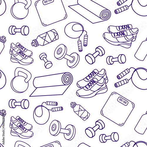 Seamless Fitness Pattern with Gym Equipment Icons line art style. Great for activewear textiles, gym wallpapers, packaging, fitness app backgrounds, or promotional materials. Vector illustration