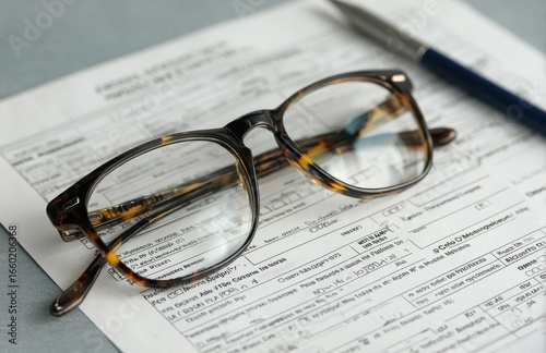 Eyeglasses resting on tax form with pen nearby, suggesting financial review