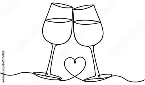 Two wineglasses with heart shape continuous line drawing. Cheers toast symbol. Wine drink. Vector illustration isolated on white.