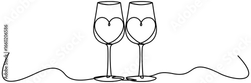 Two wineglasses with heart shape continuous line drawing. Cheers toast symbol. Wine drink. Vector illustration isolated on white.