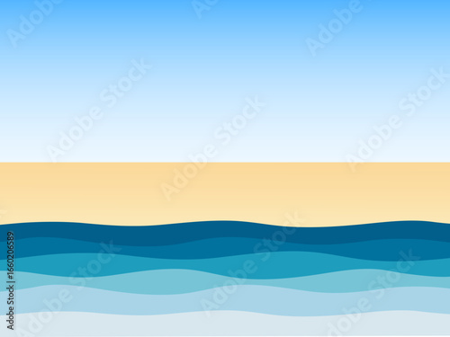Landscape with sea or ocean coastline. Wavy lines and beach background. Clear sky with empty sand. Vector illustration.