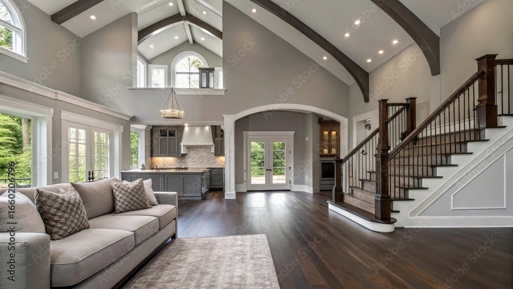 Fototapeta premium Beautiful large modern living room interior in grey tones with hardwood floors and vaulted ceiling, luxury home design, featuring kitchen, entryway, and staircase leading upstairs