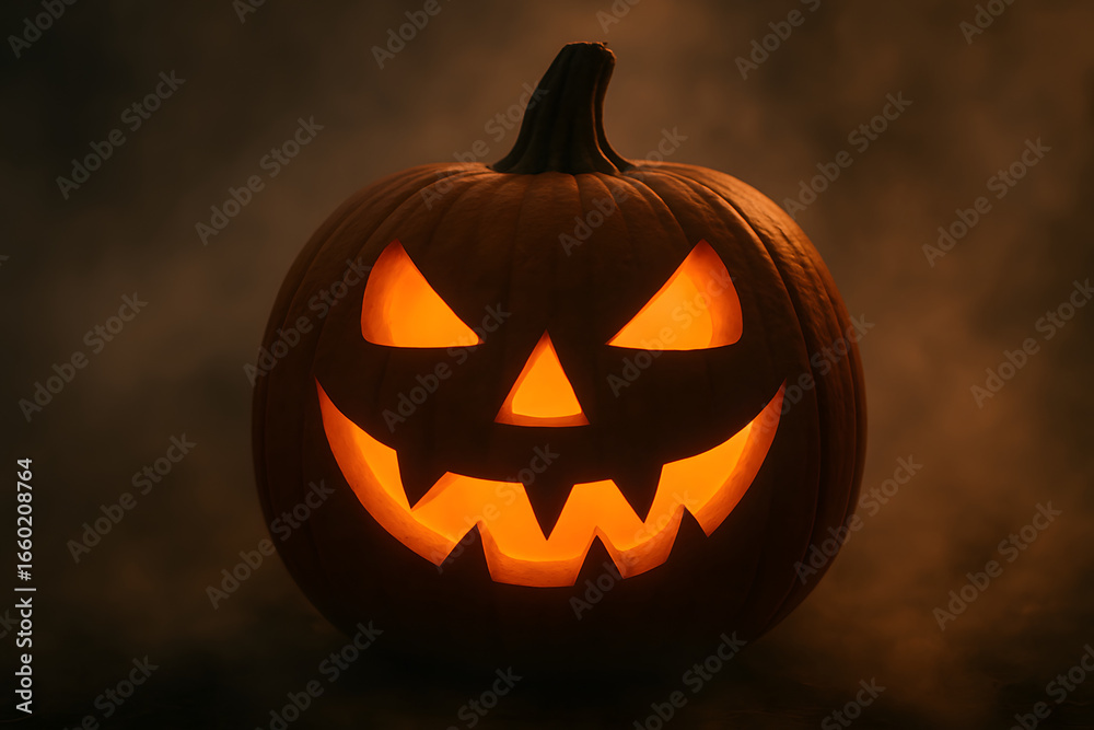 Fototapeta premium Glowing Jack-O'-Lantern with an Eerie Halloween Glow and Mysterious Aura