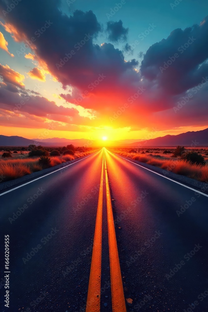 Naklejka premium Asphalt Road to Sunset A Panoramic View of Endless Adventure and Freedom on the Open Road, Perfect for Travel and Vacation Themes