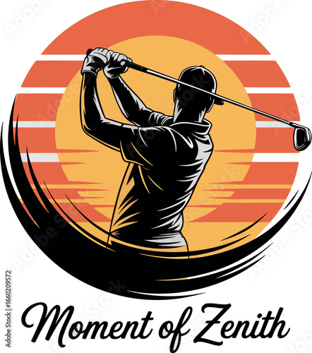 Silhouette of Golfer Swinging Club Against Retro Sunset Illustration Artistic Golfing Moment of Zenith Vector Image for Sport Enthusiasts