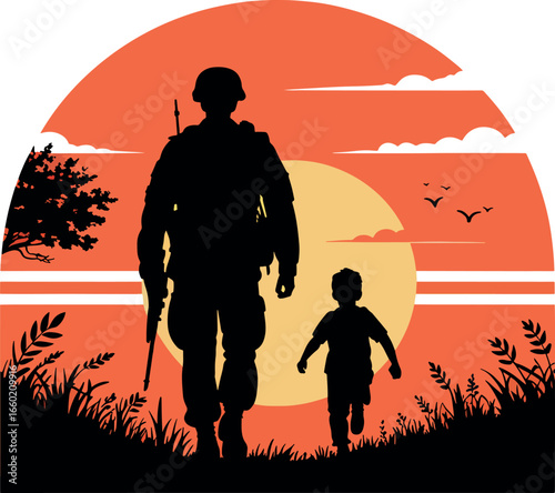 Silhouette of Soldier and Child Walking Towards Sunset a Symbol of Homecoming Remembrance and Family Values