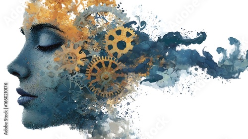 One half of a face formed by mechanical gears, the other half dissolving into flowing paint, metaphor for changing mindset from rigid logic to fluid creativity 