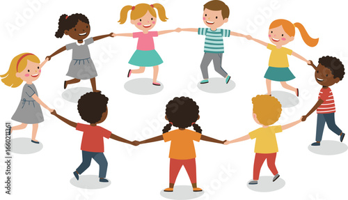 Happy multicultural children holding hands in a circle, playing together, diverse kids unity, teamwork, friendship, fun outdoor activity illustration