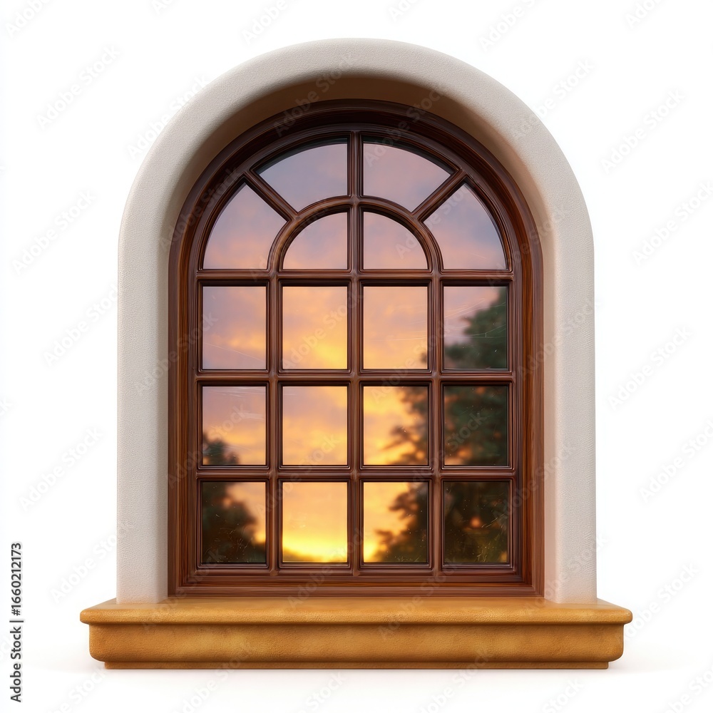 Obraz premium Arched window with stone surround and sunset reflection