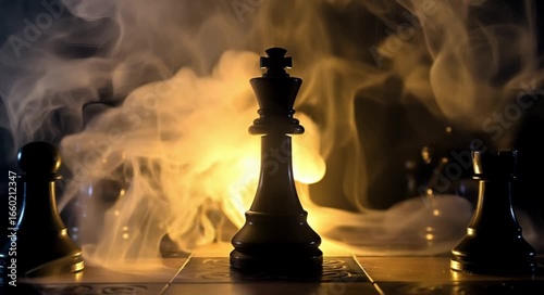 Black chess king on board surrounded by smoky atmosphere  