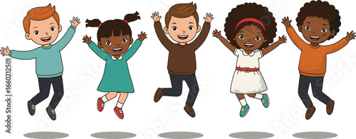 Happy, diverse children jumping together, multicultural kids smiling, joyful boys and girls playing, cartoon style illustration, fun group activity, unity