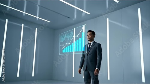 Wallpaper Mural Businessman in a futuristic office analyzing a holographic bar chart display showing corporate growth and success. Torontodigital.ca