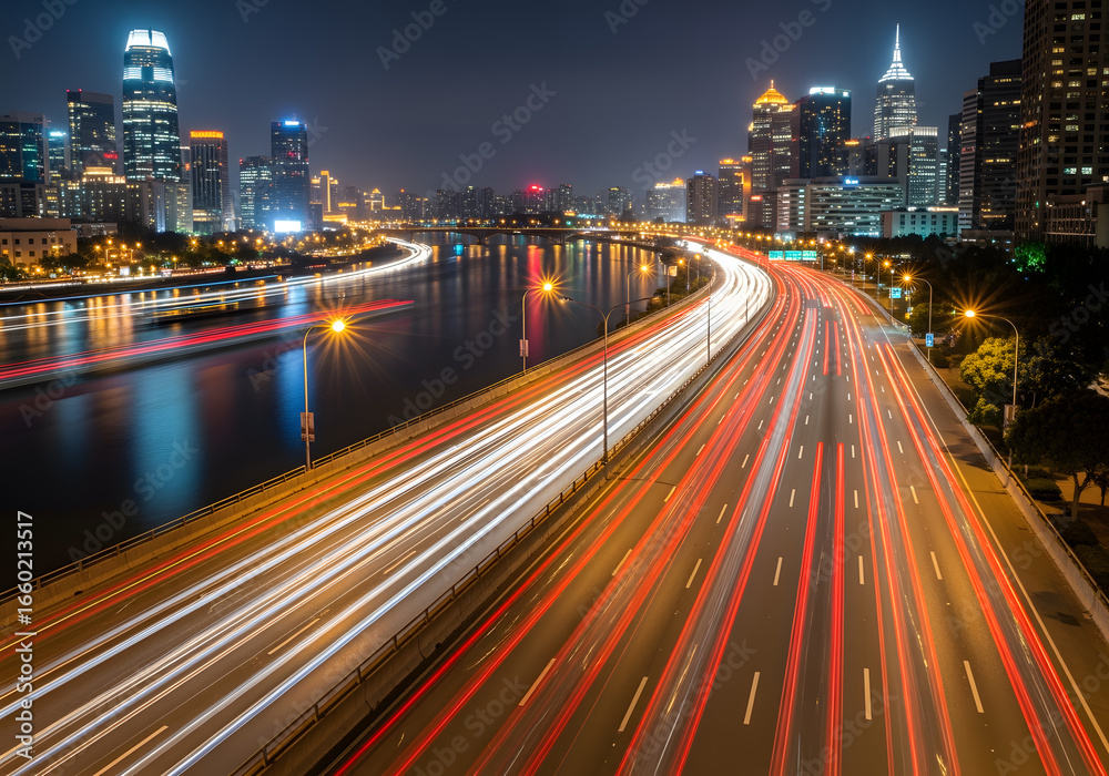 Obraz premium Night City Highway Traffic with Light Trails and River
