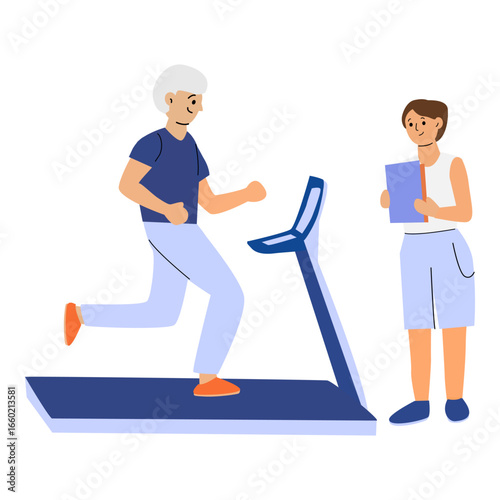 Elderly caucasian male running on treadmill with young female trainer observing.