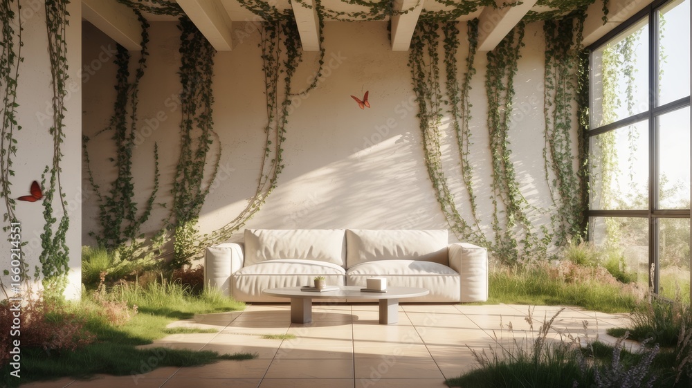 Obraz premium A serene indoor space featuring a cozy sofa surrounded by lush greenery and vines, creating a calming and natural atmosphere.