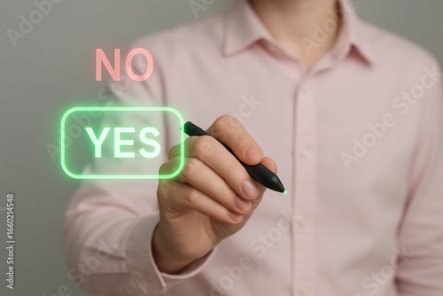 Person in pink shirt holding pen near yes no buttons