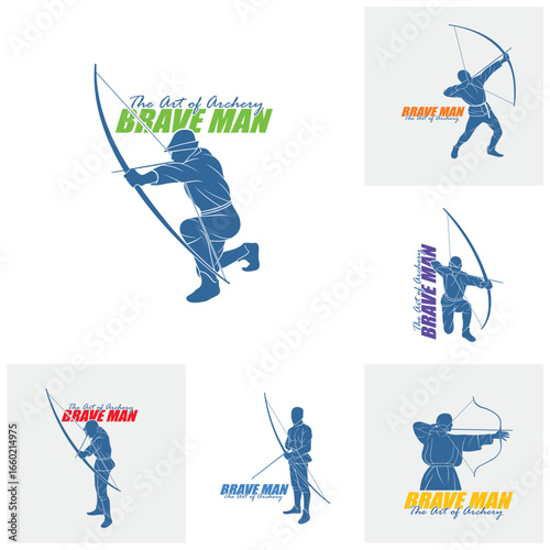 Set of Archer Logo Design Concepts Vector. Silhouette Male Archer Template Illustration