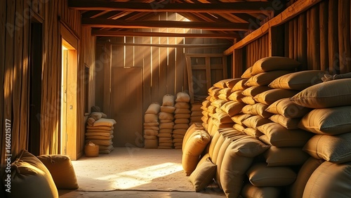 햇살들어오는 창고안에 곡식 여러개가 쌓여져있다Several grains are piled up in the sunny warehouse