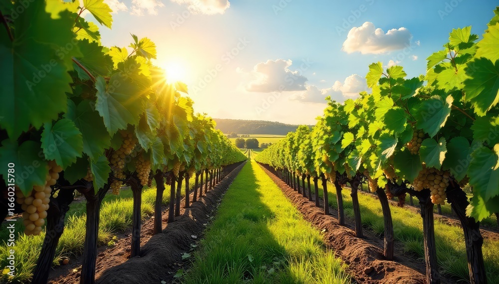 Naklejka premium Sun-drenched rows of grapevines stretch across a picturesque vineyard, lush green leaves and ripening grapes hanging heavy on the vines A tranquil scene of agricultural beauty , country, growth