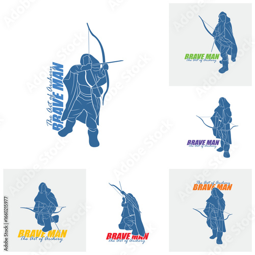 Set of Archer Logo Design Concepts Vector. Silhouette Male Archer Template Illustration
