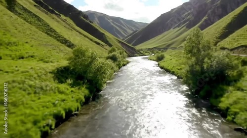 Serene River Flowing Through Lush Green Valley A Breathtaking Natural Landscape