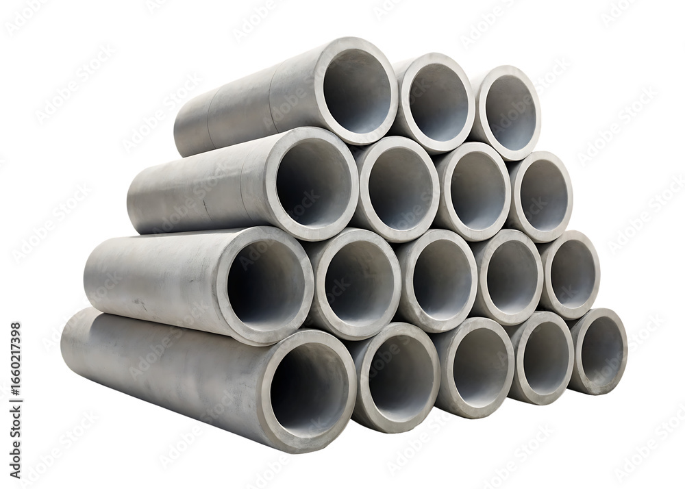Fototapeta premium Stacked Concrete Pipes on a Background construction building isolated on a transparent background