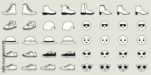 Collection of Hand Drawn Shoes Hats and Emoticons on Beige Background