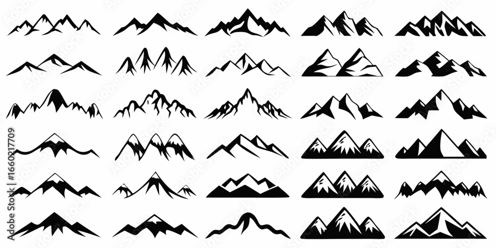 Naklejka premium Collection of Mountain Silhouettes Simple Black and White Mountain Range Icons