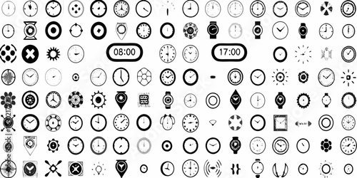 Collection of Clock Icons and Time Related Symbols in Black and White